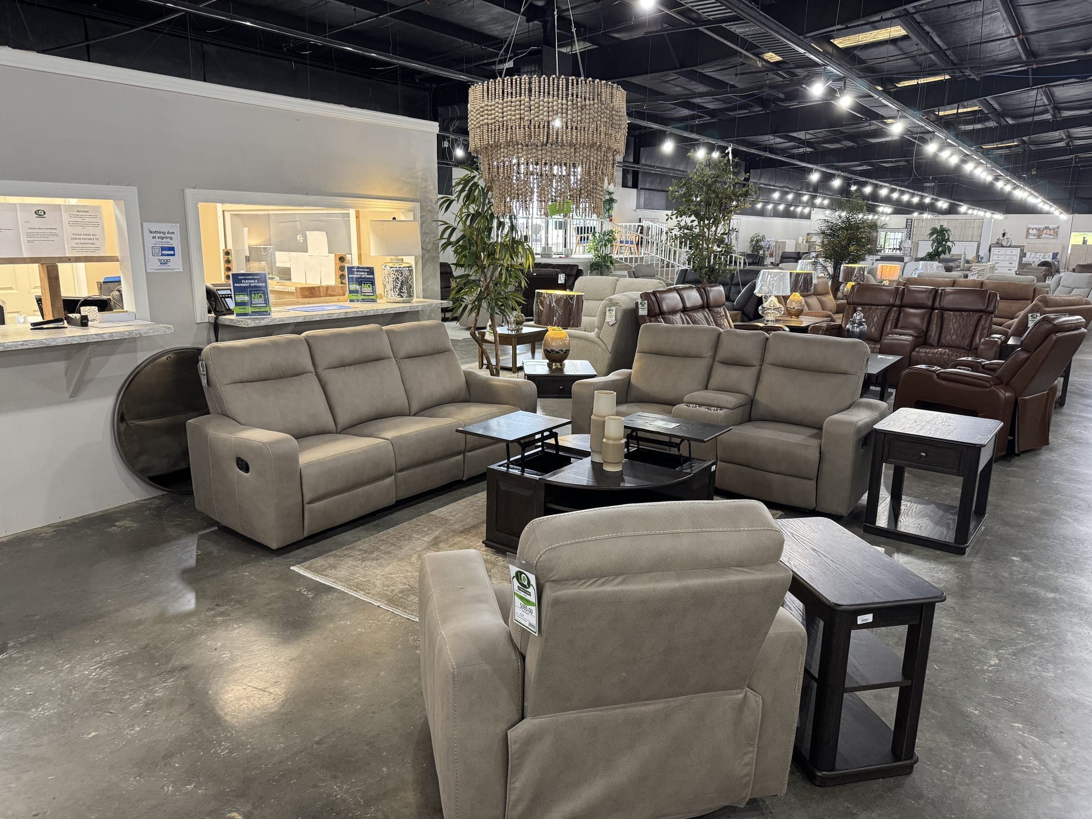 Gray power recliner set with end tables and lamps