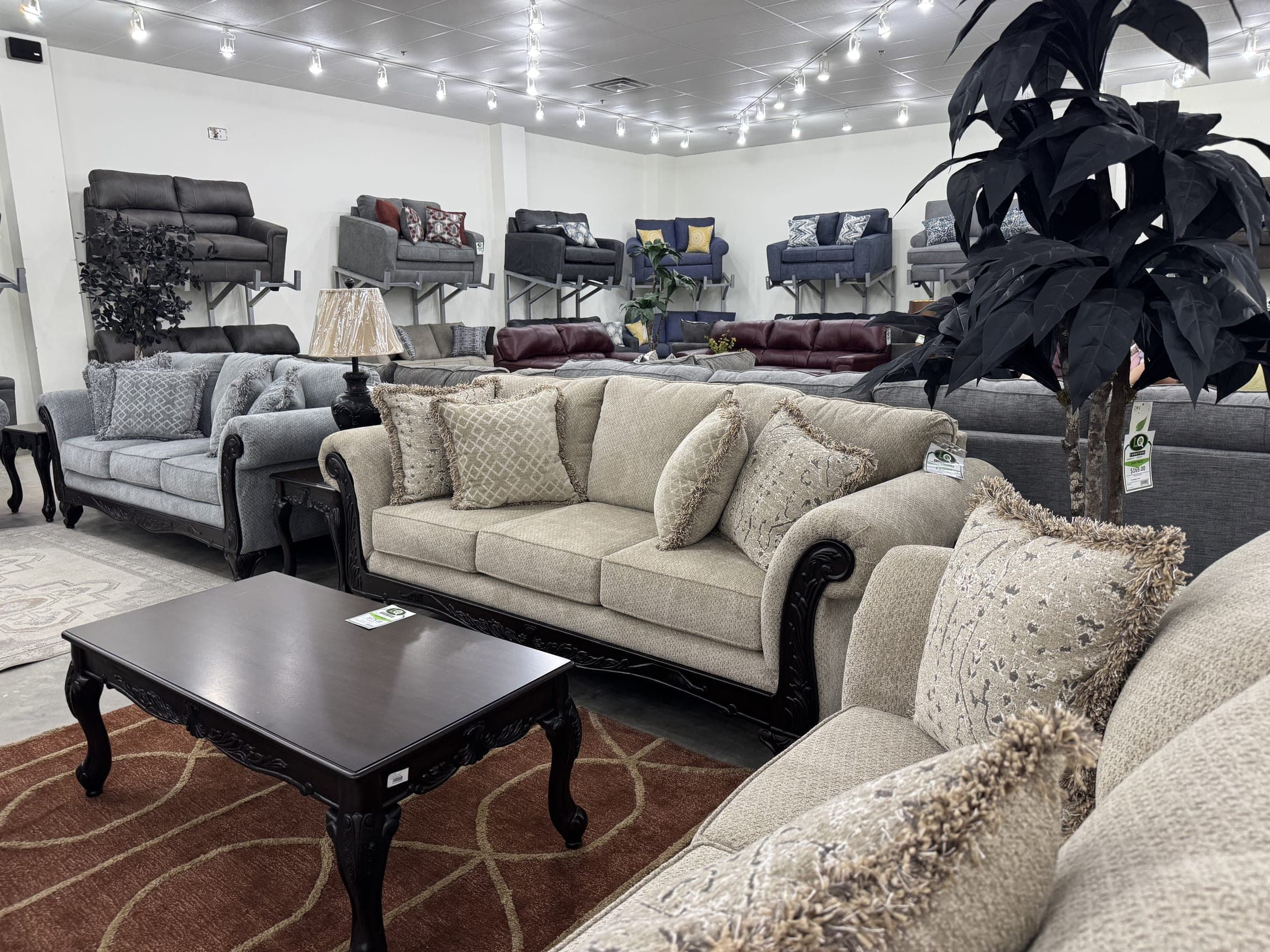 Neutral sofa with dark traditional coffee table